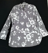 Chicos 2 12 No Iron Stretch Tunic Top Black White Stripe Floral long Sleeve