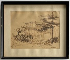 William Simpson - original, signed, framed drawing country house Paris 1955