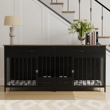 Indoor Wooden Kennel for 2 Dogs Large Dog Crate Furniture TV Stand w/ Dog Feeder