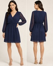 Express Navy Blue Surplice Wrap Dress Long Sleeve Chiffon Size M