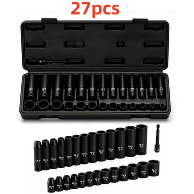27 PCS Drive Impact Socket Set Deep Shallow Metric 7mm-19mm 6-Point Flank Drive