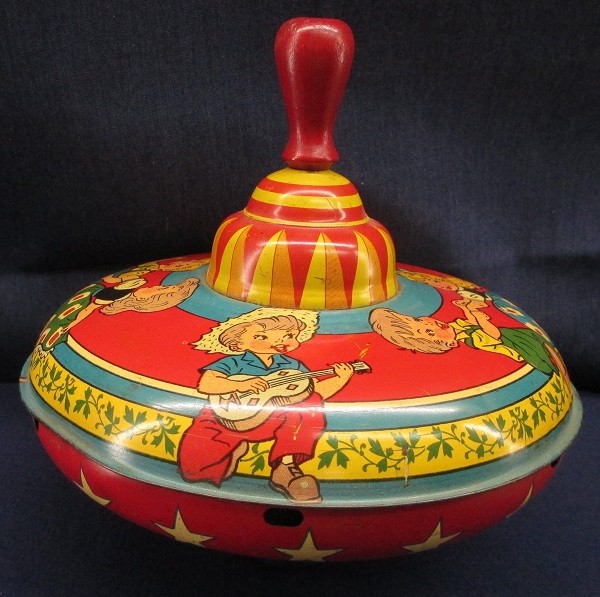 VINTAGE OHIO ART 7" SPINNING TOY TOP TIN LITHO CHILDREN WOOD HANDLE 1940-1950'S