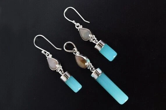 Set gioielli orecchini pendenti calcedonio acqua naturale con gancio agata... - Immagine 3 di 4