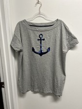 Women's Gray Boxy Boat Neck Nautical Tee W/Sequin Anchor by Kim Rogers Medium