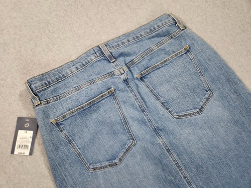 NUEVO CON ETIQUETAS Universal Hilo Azul Denim Jean Maxi Falda Abertura Frontal Mujeres Talla 14 Dobladillo Crudo - Imagen 12 de 13