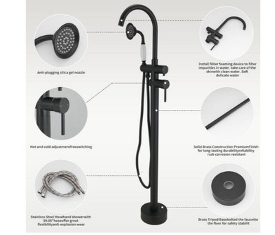 BWE 2-Handle Floor Mount Roman Tub Faucet with Hand Shower in Matte Black