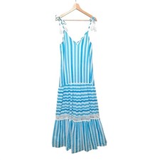 Bindu Striped Tiered Flowy Summer Coastal Resortwear Maxi Dress V neck Size M