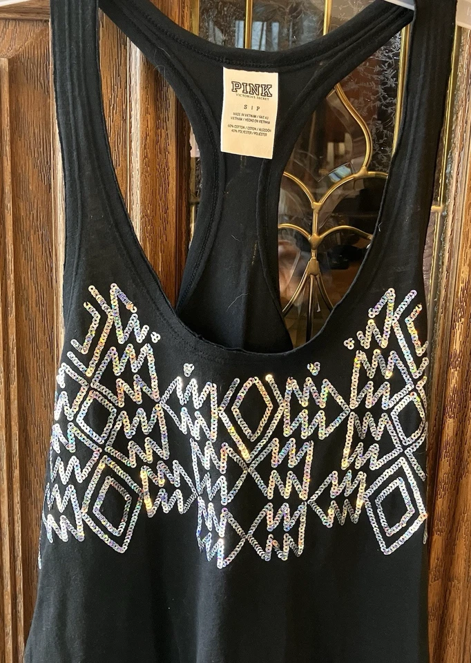 ROSA Victoria's Secret Negro Corredor Espalda Tanque Talla S Geométrico Usado en Excelente Condición Lentejuelas Plateadas Foto 2 de 4