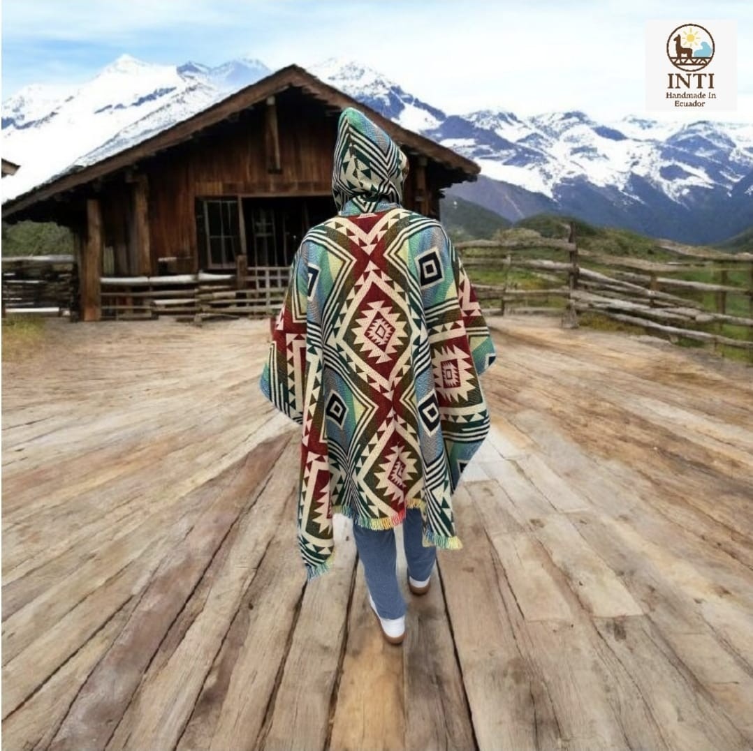 Authentic Alpaca Poncho Handmade Andean Ecuador Warm Boho Hooded Cape