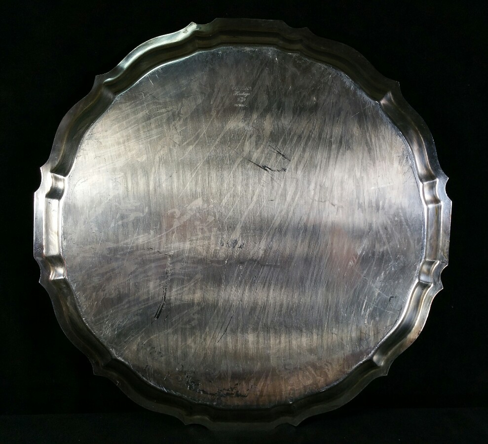 Gorham Heritage Round Etched Scalloped Edge Silverplate Tray 13.75