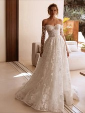 Lace Wedding Dresses Off Shoulder Long Sleeves Pearls A-line Bride Dress