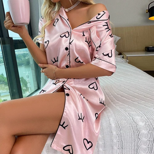 Damen Seide Satin Nachthemd Kurzarm Button-Down Pyjama Nachtwäsche Homewear - Bild 41 von 47
