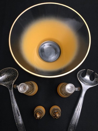 VTG 1950's Anchor Hocking Blendo Serving Set Salad Bowl Cruets Shakers Orange - Picture 3 of 14