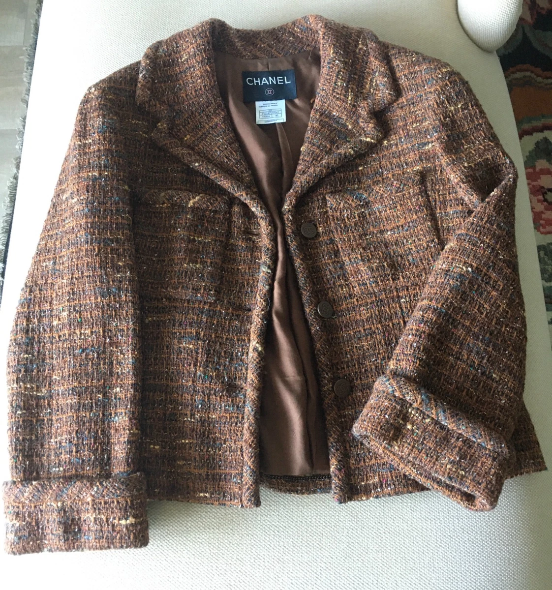 CHANEL 04S Excellent Beige Brown Ivory Silk Wool Tweed Jacket Top CC  Buttons 48