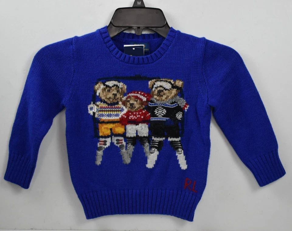Suéter de malha novo com etiquetas Polo Ralph Lauren tamanho 3/3T azul bordado família urso de esqui $295 - Imagem 4 de 4