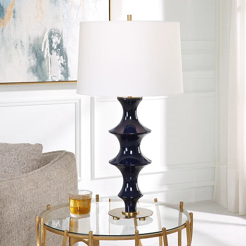 Modern Ridged Cobalt Blue Ceramic Table Lamp 29 in Fluted Chinoiserie Style - Picture 2 of 9