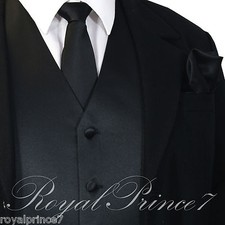 New Men BLACK Solid Tuxedo Suit Dress Vest Waistcoat and Neck tie Hankie Set