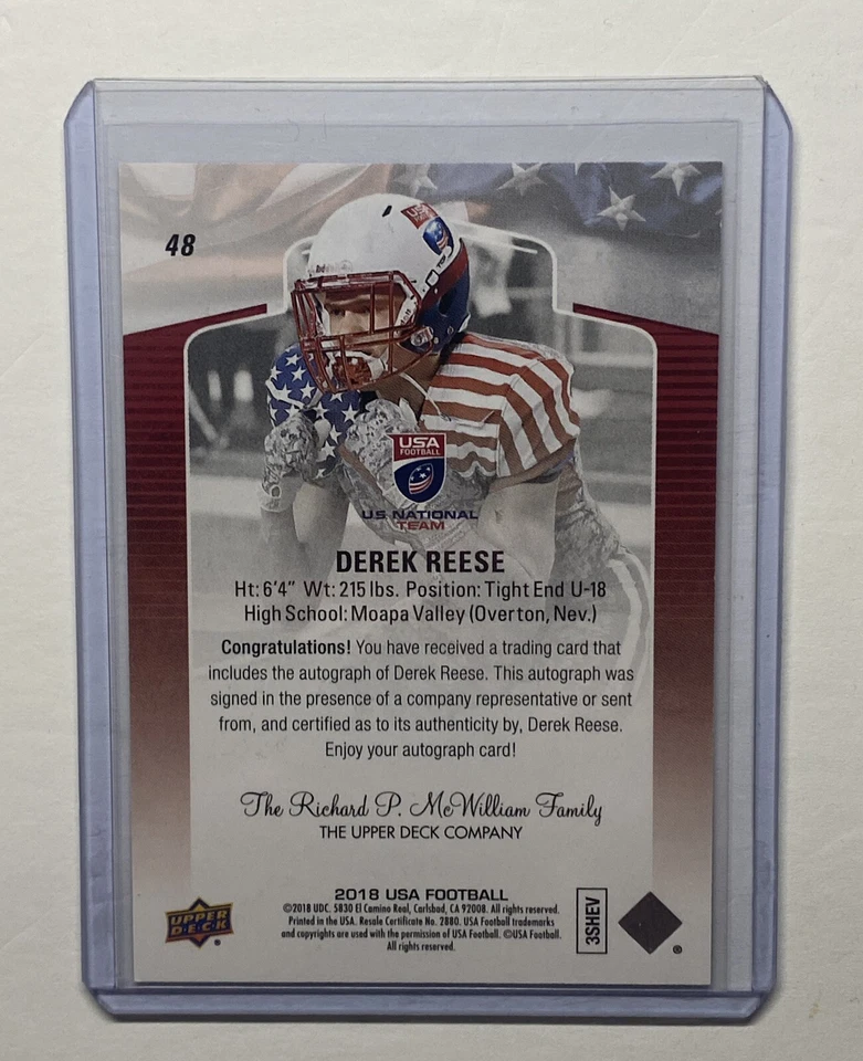 2018 Upper Deck USA Football Auto Auto Derek Reese #48 Auto - Image 2 of 2