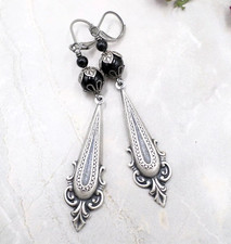 Art Deco Earrings, Antique silver Tone Black Pearl Handmade Dangle Jewelry