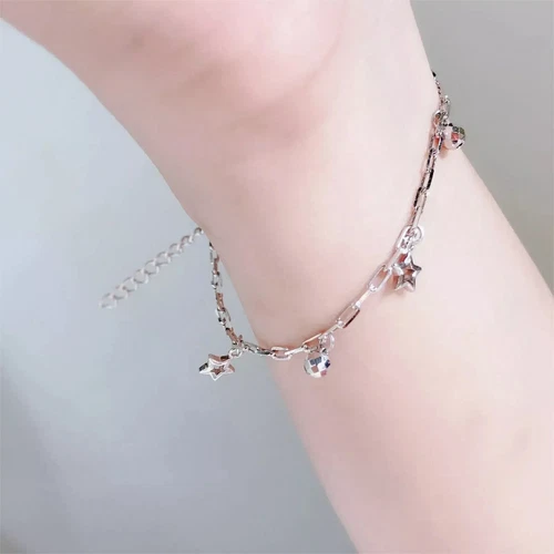 Pure Platinum 950 Chain Women Star Bead Square Cable Link Bracelet 5.05g/6.7inch - Picture 6 of 7
