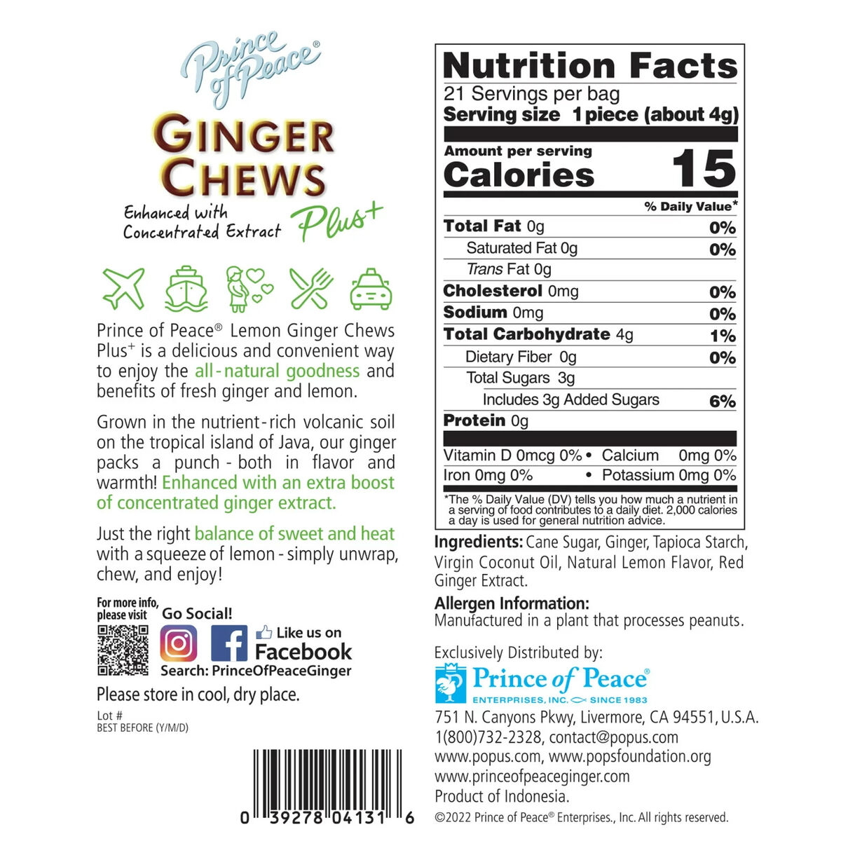 2PK) Prince of Peace Ginger Chews Plus, Lemon Flavor 3 Oz