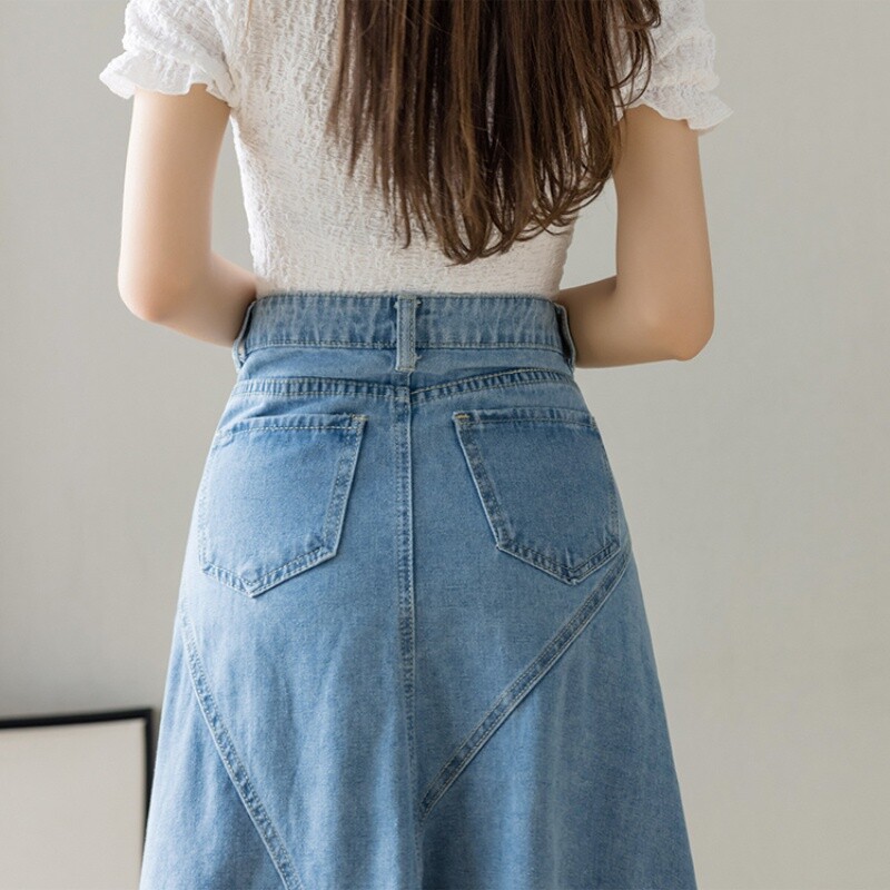 Layd Denim Lace Patchwork Fishtail Skirt Floral Irregular Midi