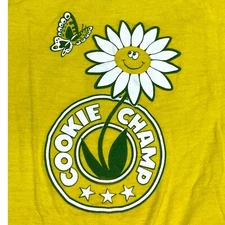 Vtg Cookie Champ T-Shirt L Yellow Tee Daisy Butterfly Hippie 1970s Flower Power