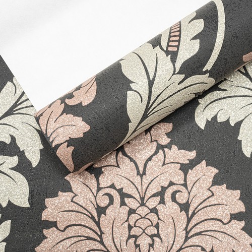 Black Damask Wallpaper Floral Pink Silver Cream Glitter Textured Vinyl Feature - Picture 3 of 8