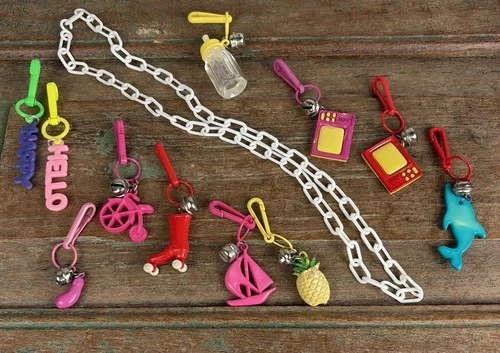 Vtg 1980's Plastic Clip On Retro 80's Charm Necklace 11 Charms TV Roller Skate +