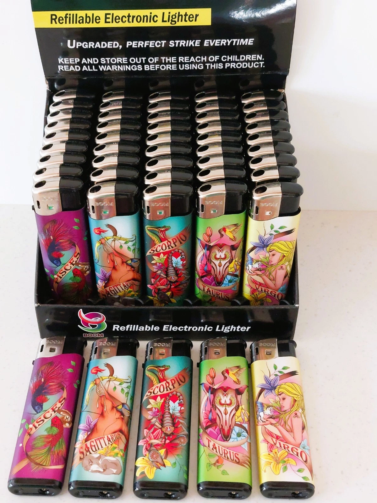 large gas refillable electronic lighters Adjustable flame zodiac colours  50 - Picture 1 of 2