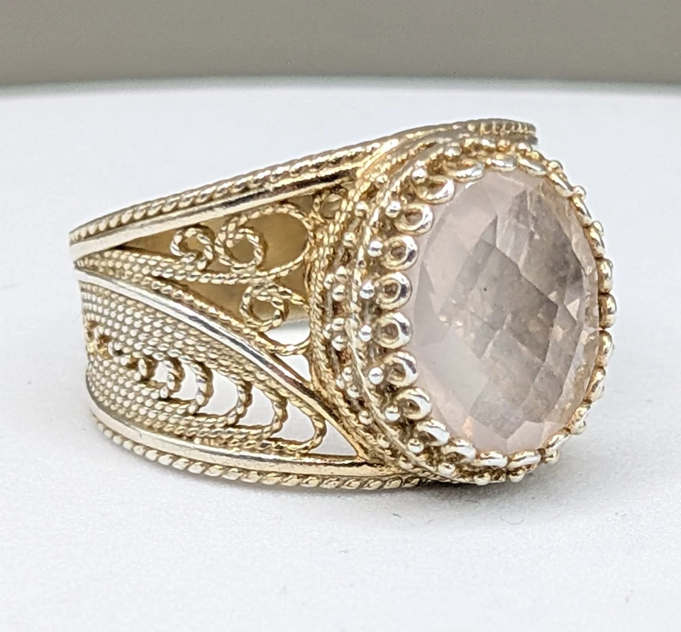 QVC 925 Sterling Silver Gold Plated Rose Quartz Filigree Gemstone Ring  - Image 2 of 4