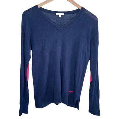 Lisa Todd Small V-Neck Navy Blue Pull Over Sweater Sequin Pink Elbow Patches