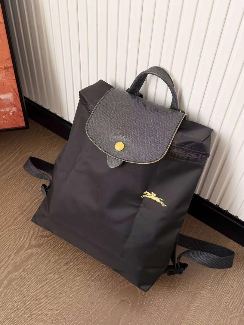 LONGCHAMP Folding Mini Backpack Black Yellow Logo Nylon New From