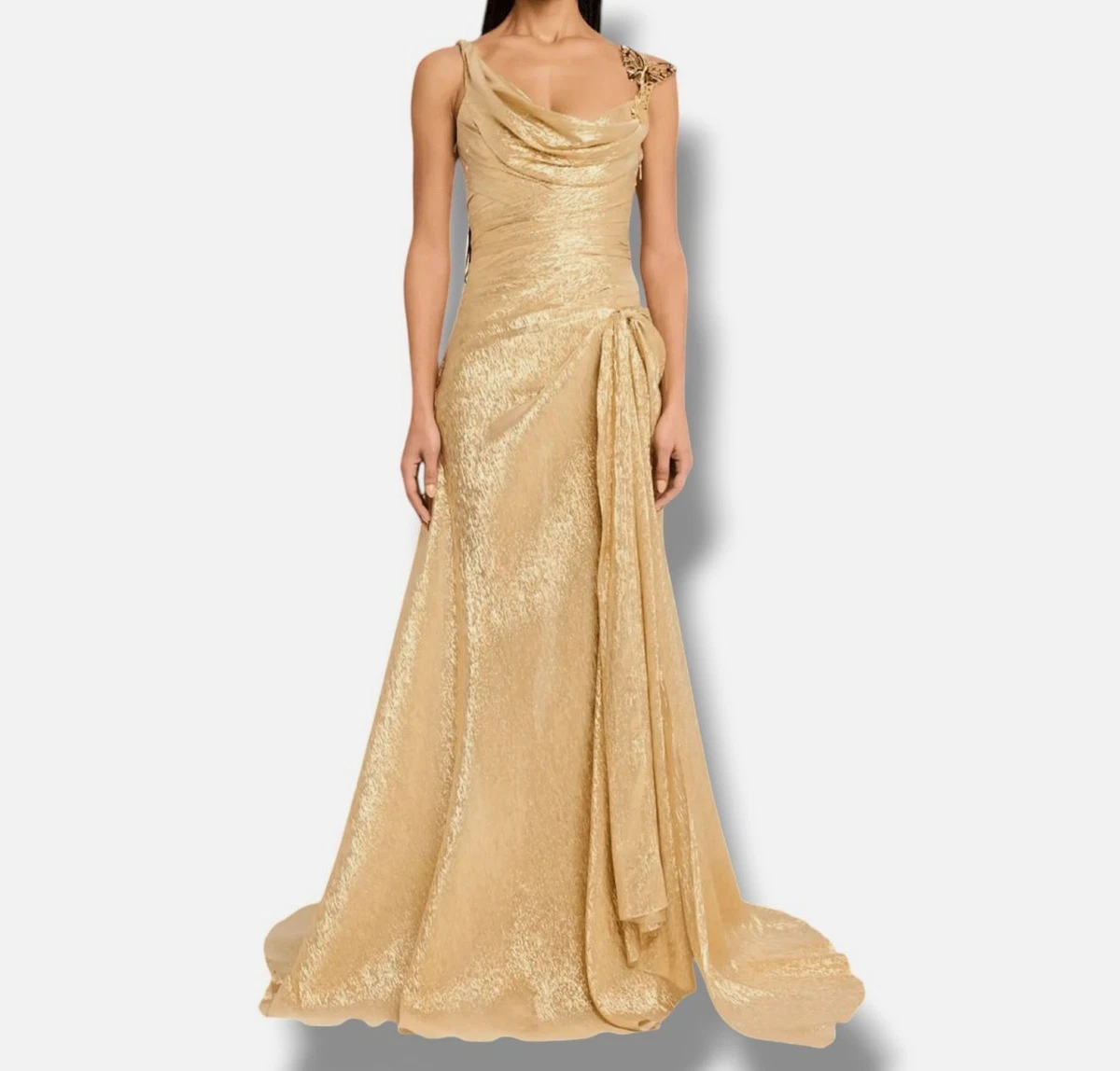 oscar de la renta gold dress One-Shoulder Pleated Lame Mousseline Gown, Dark Gold, Women's, 0, One-Shoulder Gowns and a concealed zipper closure Oscar De La Renta Champagne
