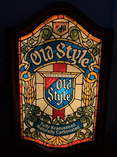 VINTAGE OLD STYLE BEER STAINED GLASS FAUX  LIGHT-UP SIGN HEILEMAN WORKING
