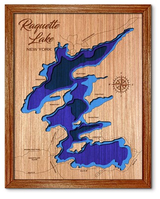 Raquette Lake New York 3D laser cut wood lake map. lake house decor