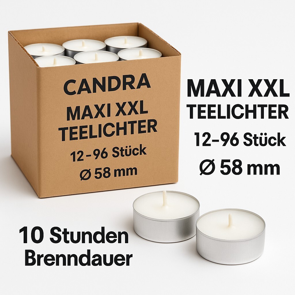 CANDRA Maxi XXL Teelichter 10h Brenndauer Ø58 mm 12‑96 Stk Weiß Marken-Qualität