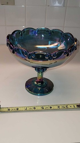 Indiana Glass Iridescent Blue Carnival Glass Pedestal 8.5” Bowl Vintage Exec Con - Picture 7 of 13