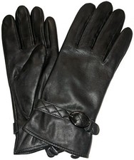 Etienne Aigner Buckle Fur Lined Gloves Genuine Leather Gloves, Black, Large.