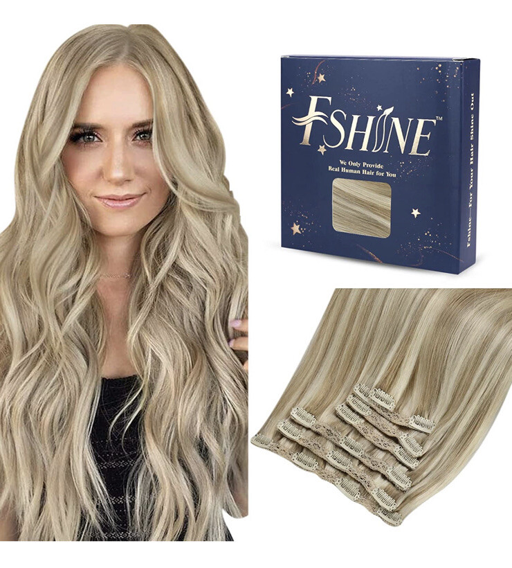 Fshine Human Hair Extensions Ash Blonde and Golden Blonde 20” 120g 7pcs