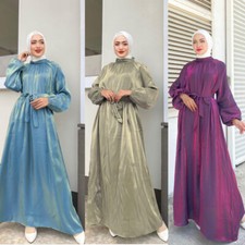 Women Lantern Sleeve Shiny Dress Muslim Abaya Dubai Gown Islamic Kaftan Moroccan