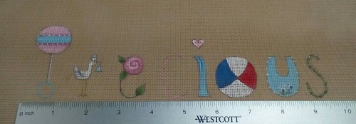 Sandy Jenkins needlepoint HP handpainted canvas 889 PRECIOUS baby sign 9.5x2.5" - Picture 4 of 5