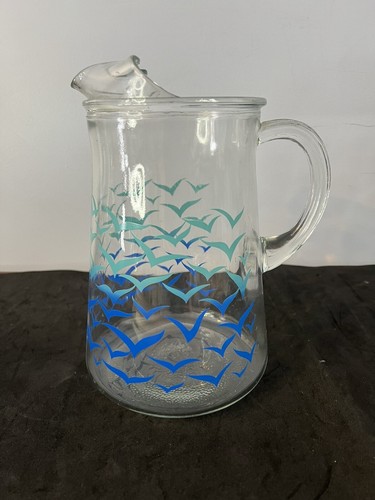 Libbey Vintage Glass Pitcher Blue Seagull Lemonade Tea 1950s Mcm