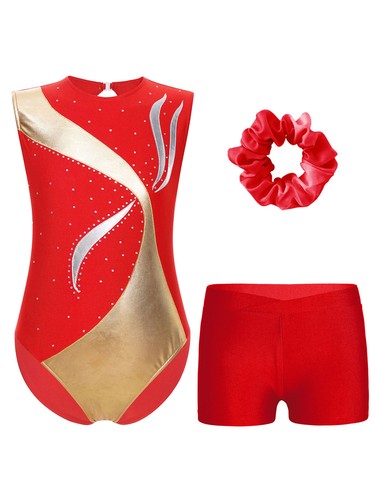 Girls Dancewear Sparkling Outfit Dance Sets Metallic Headwear Party Shorts Kids - Picture 27 of 43