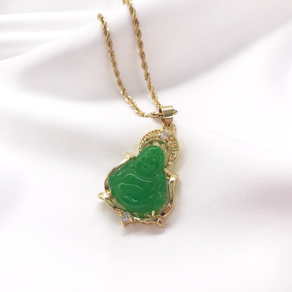 Alternate view of Good Fortune Wisdom Gold Plated Jade Laughing Buddha Pendant Necklace,