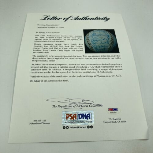 All Star Game 1994 Equipo de la Liga Nacional Firmado Béisbol Barry Bonds PSA ADN Certificado de Autenticidad - Imagen 3 de 12