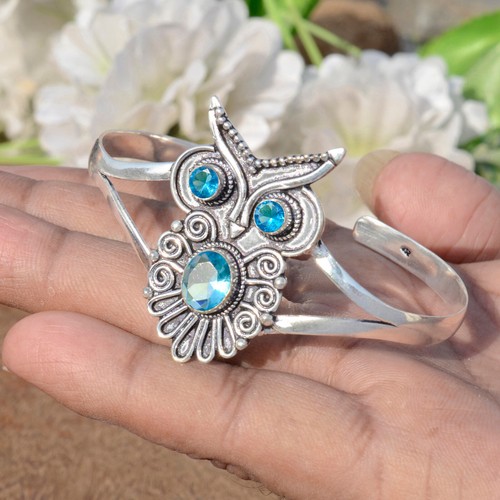 London Blue Topaz Gemstone 925 Sterling Silver Cuff Owl Bangle New Collection - Picture 7 of 9