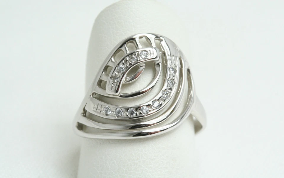 Anello da donna Occhio Stilizzato in Oro Bianco 18 Kt e Zirconi misura 15 nuovo - Immagine 4 di 4