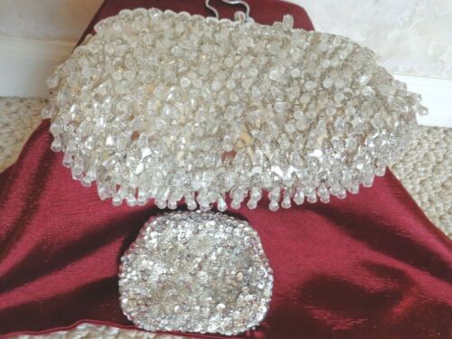 Beaded & Sequined Silver Clutch Purse with Coin P… - image 1
