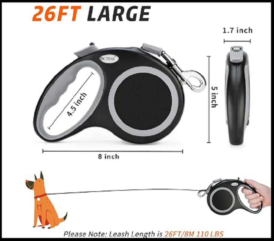26 FT RETRACTABLE DOG LEASH Extra Large Tangle Free Heavy Duty Pet Dogs Walking